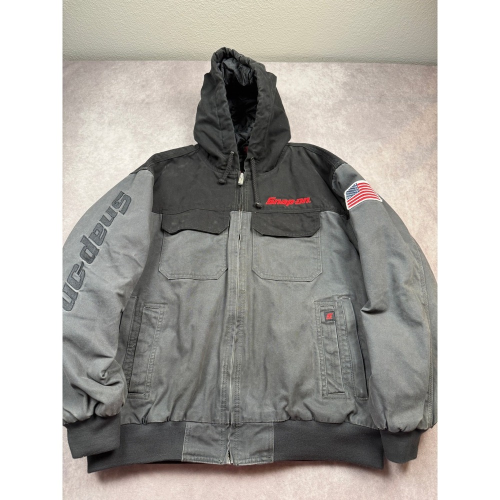 Snap-on Tools Mens XL Gray Black Canvas Quilted Hooded Work Jacket USA Patch